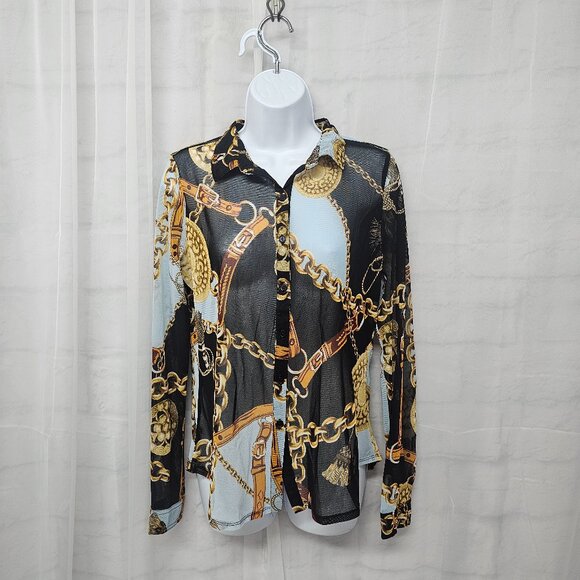 Black Gold Mesh Sheer Button Blouse Equestrian Club Party XL NWT - Picture 1 of 12